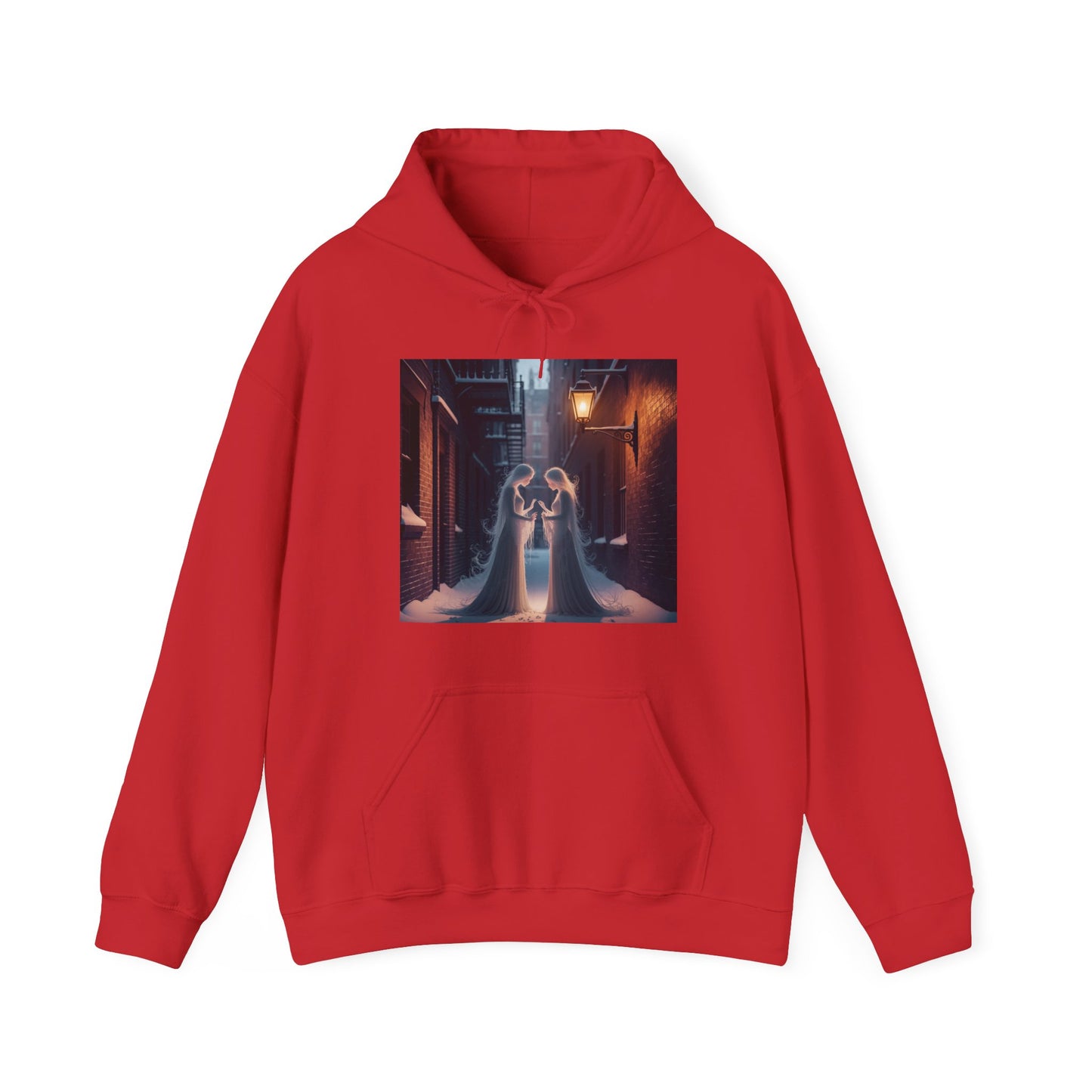 Midnight Ghost Mirror Hoodie featuring ghostly graphic on a red background, perfect for Halloween and unisex sizing S-5XL.