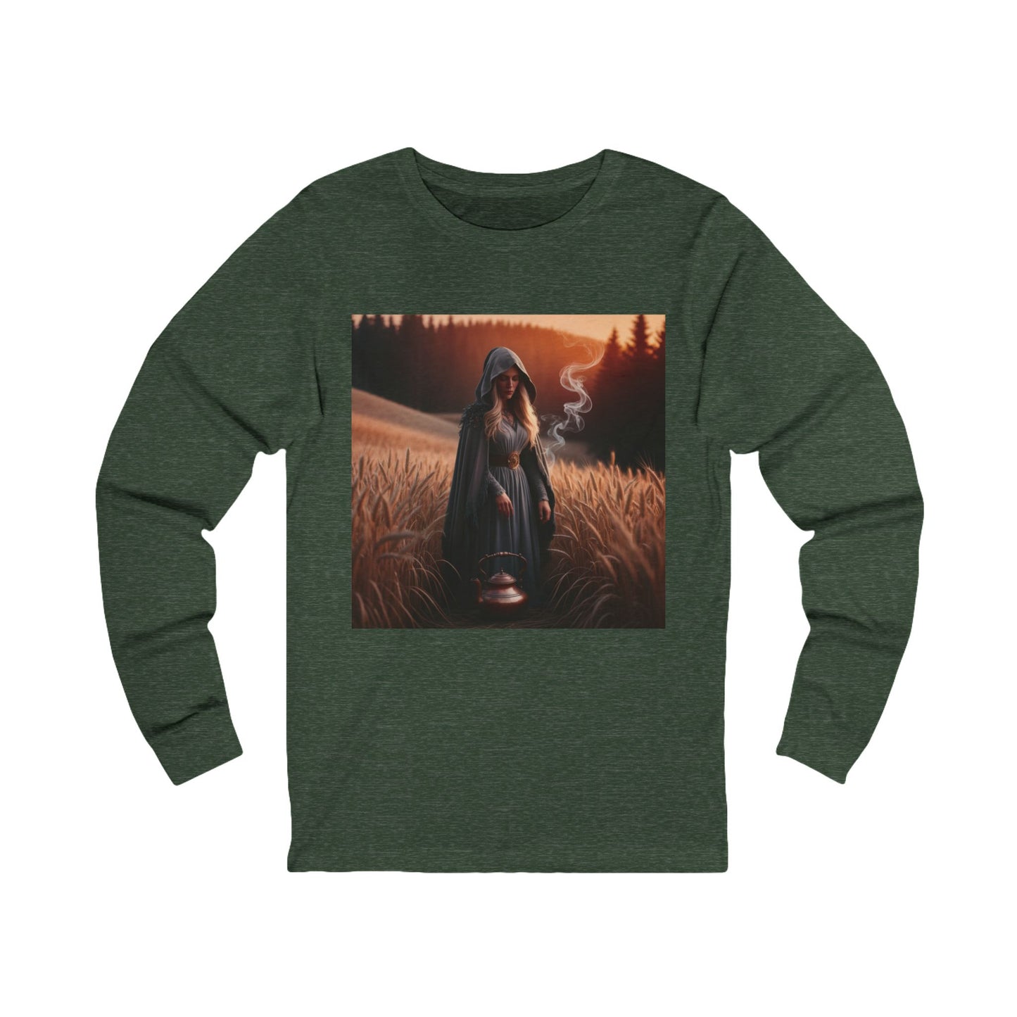 Mystical magic long sleeve tee in forest heather green featuring a hooded figure in a field at sunset.
