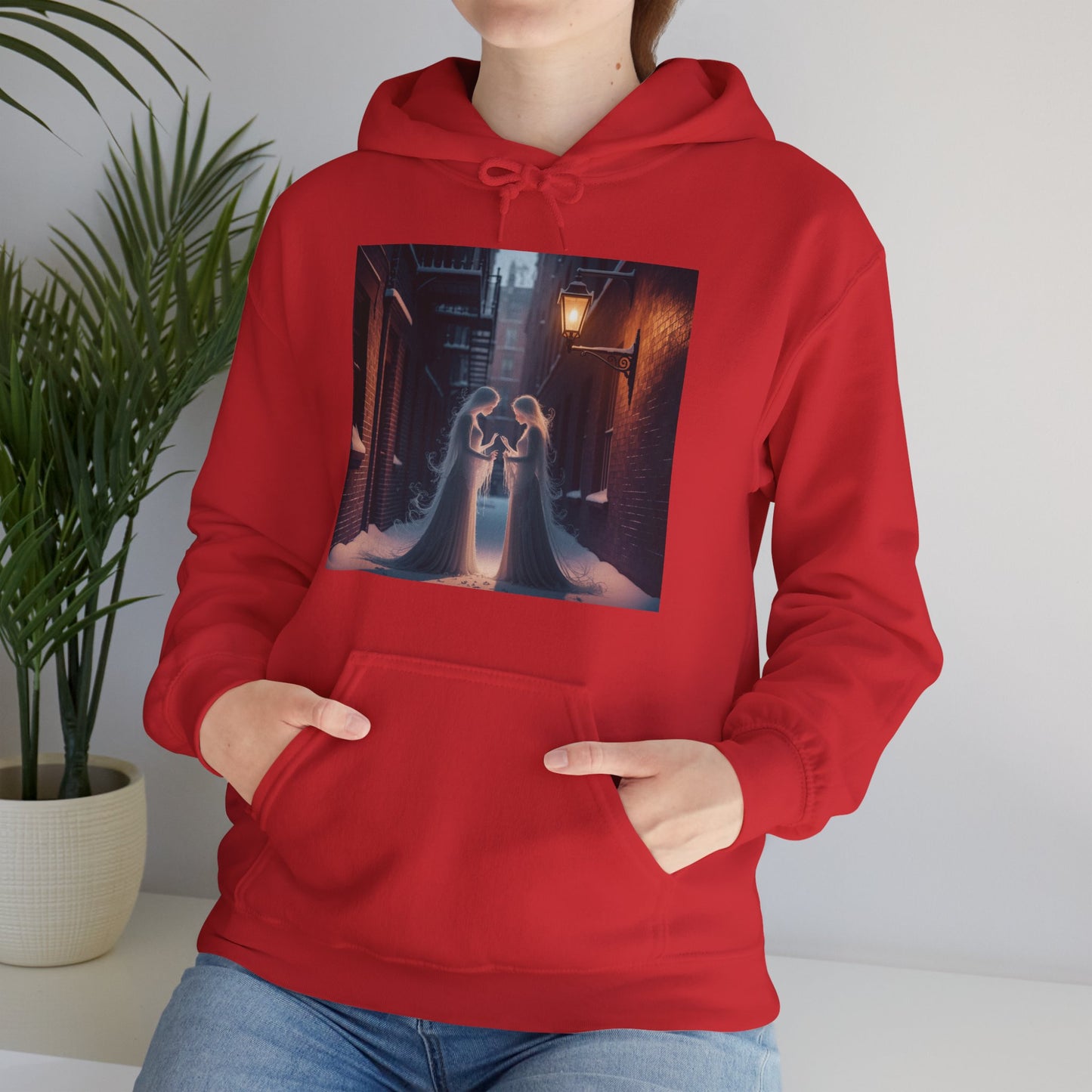 Midnight Ghost Mirror Hoodie featuring ghostly graphic on a red background, perfect for Halloween and unisex sizing S-5XL.