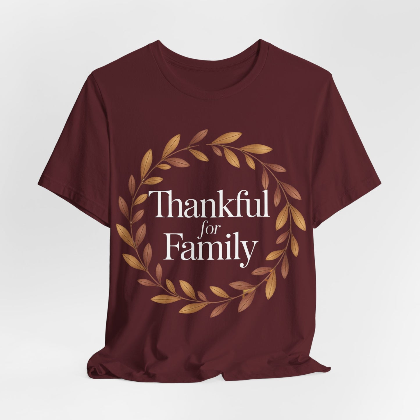 Thankful for Family Thanksgiving Tee in maroon with autumn wreath design, perfect for holiday gatherings.