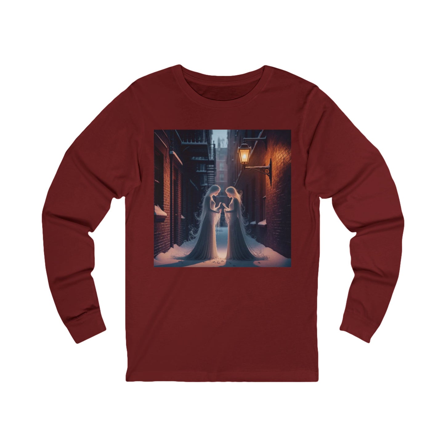Midnight Ghost Mirror long sleeve tee in cardinal featuring a haunting alley scene with two ghostly figures.
