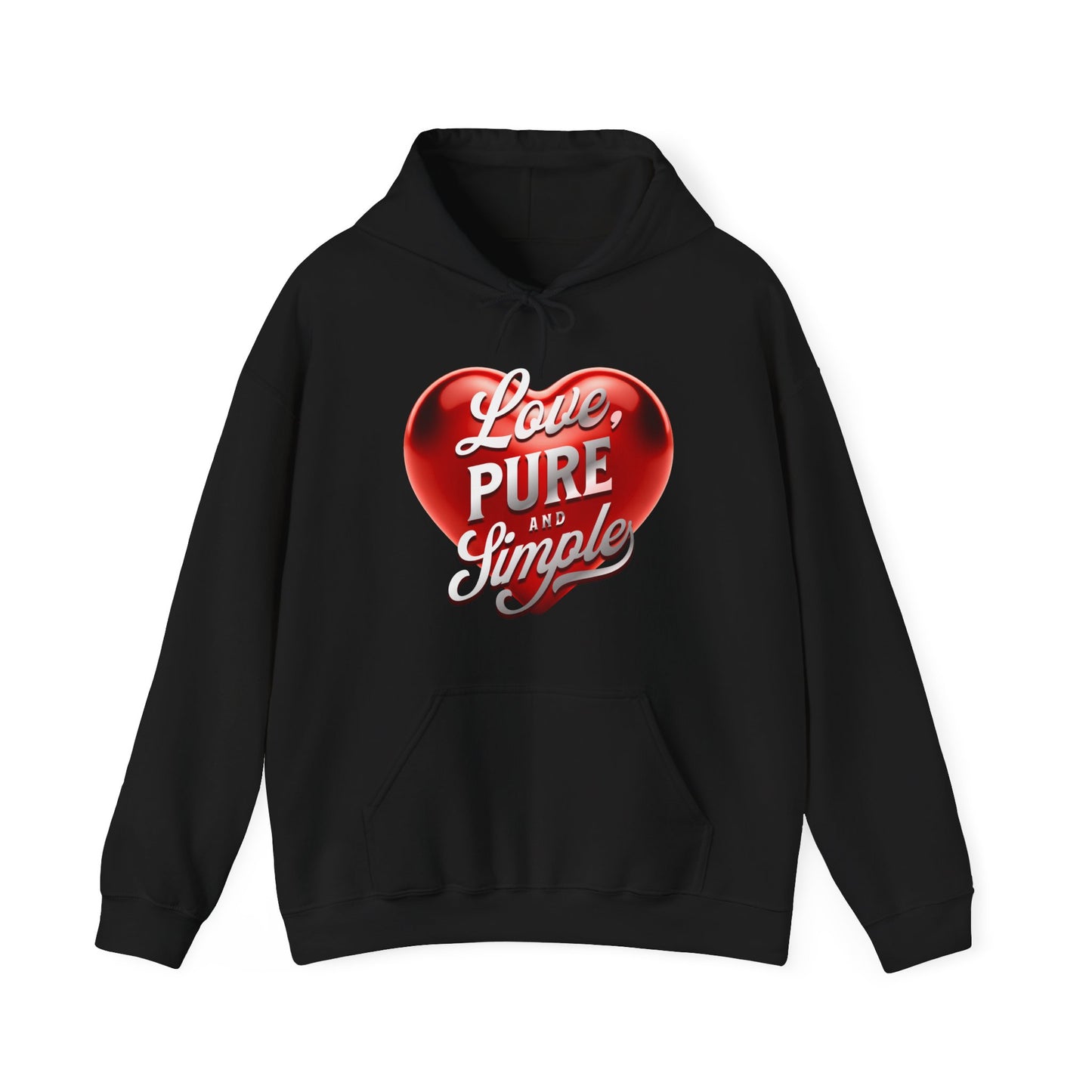 Black hoodie with a red heart and white text on a white background