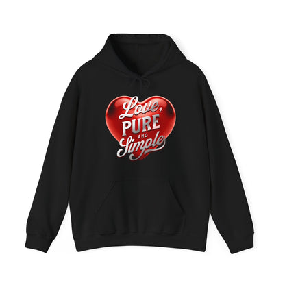 Black hoodie with a red heart and white text on a white background
