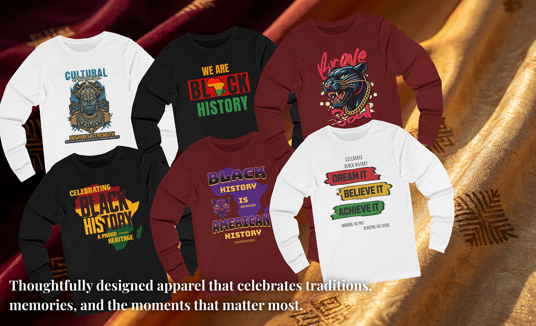 Collection of shirts with Black History-themed designs on a textured fabric background.